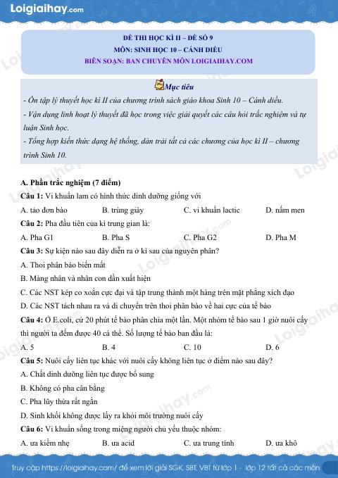 Đề thi học kì 2 Sinh 10 Cánh diều - Đề số 9